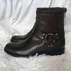 Frye Phillip Harness Dark Brown Leather Ankle Boots Back Zip 3476504  6.5 B